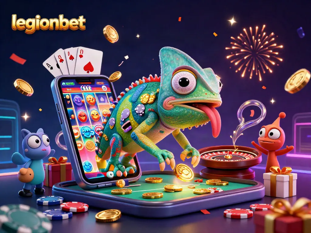 Vibrant 3D scene featuring legionbet's colorful chameleon casino owner capturing golden coins among dynamic gaming elements.