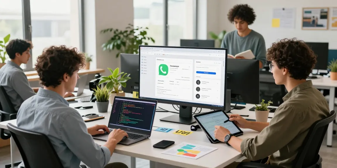 Team collaborating at a tech workspace while exploring WhatsApp下載 features in a modern office.