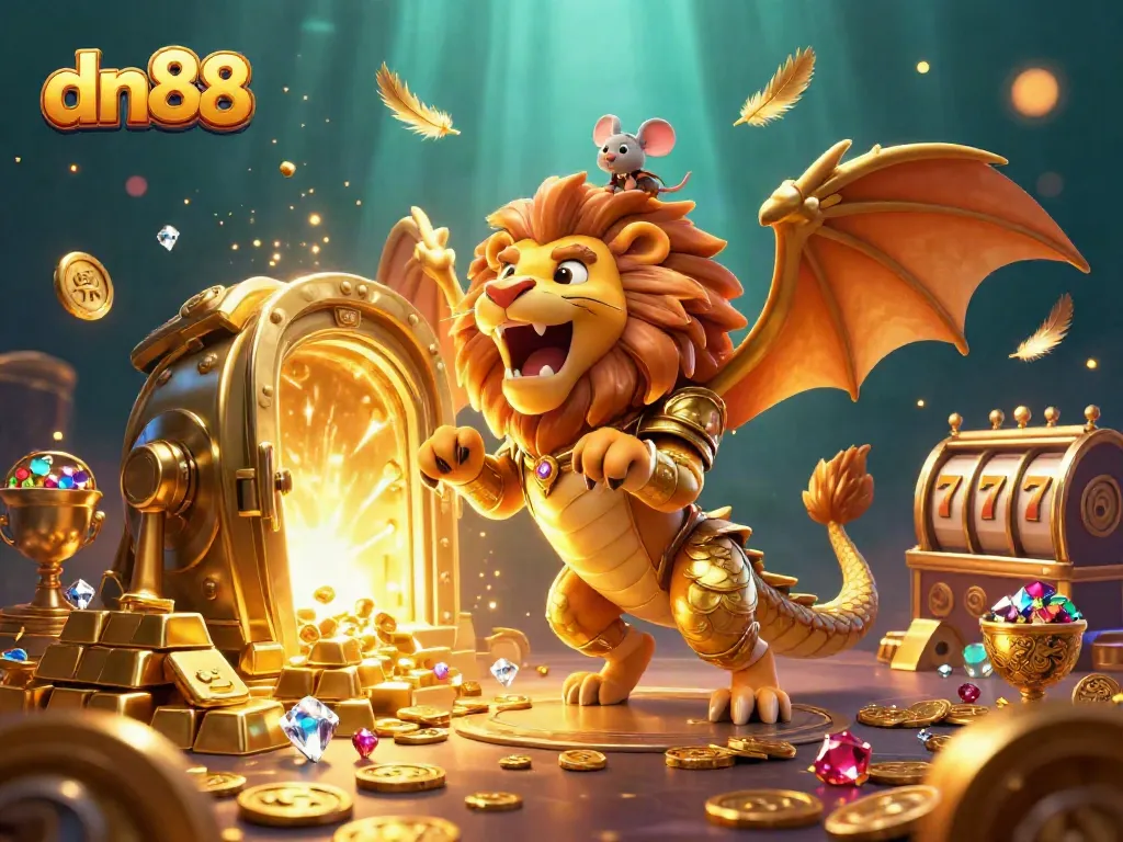 Experience the thrill of dn88's casino adventure with a triumphant chimera and golden treasures.