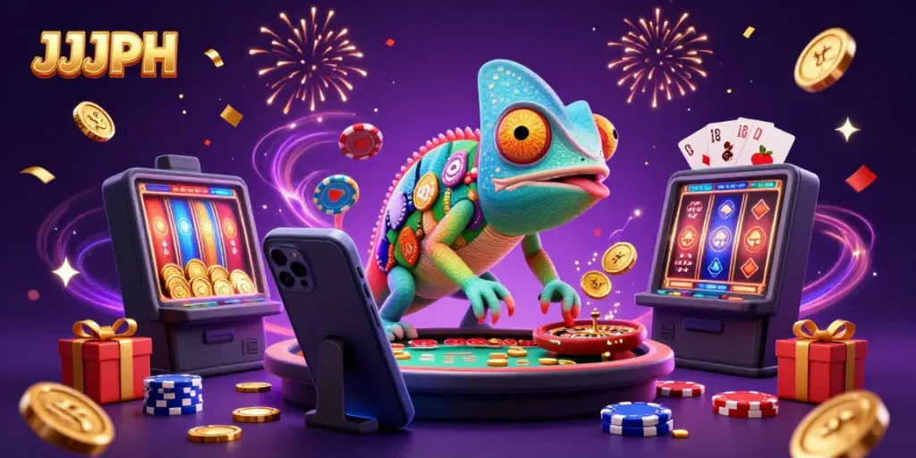 Engage with thrilling gameplay at JJJPH featuring an animated chameleon casino owner surrounded by vibrant gaming elements.