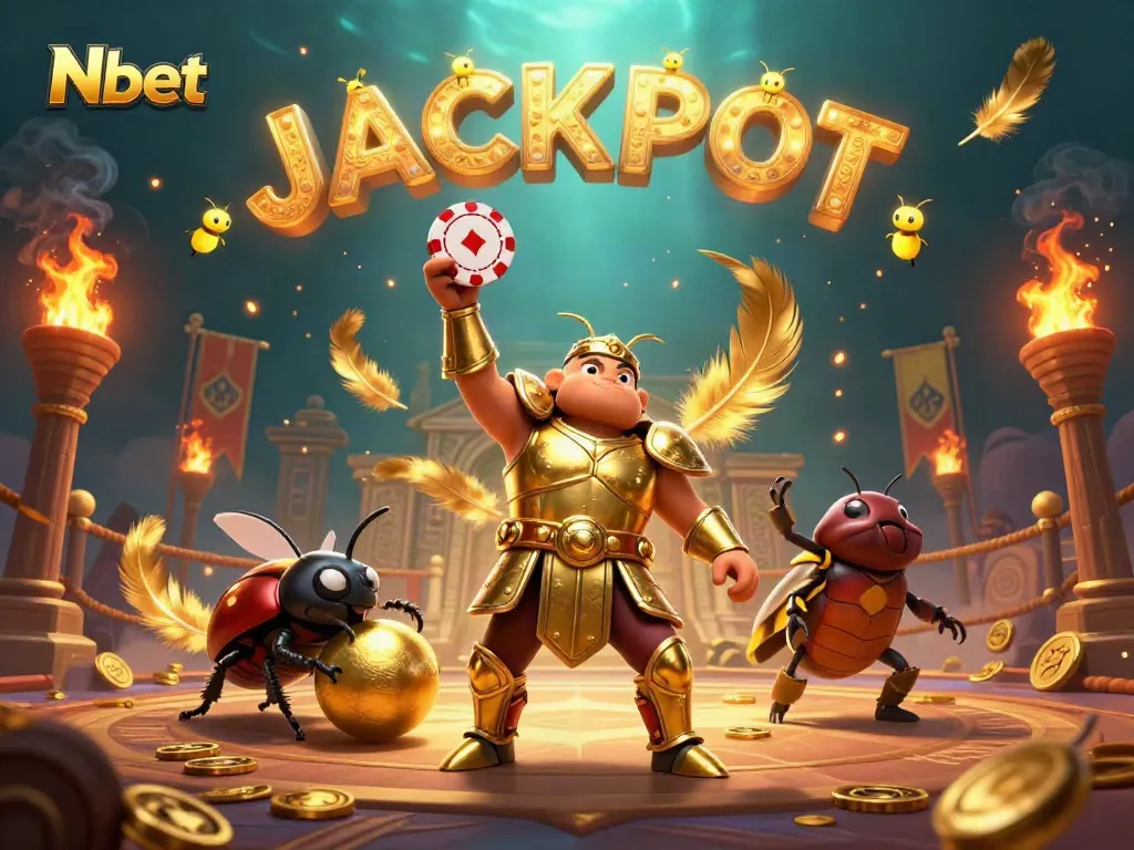 Join Nbet's thrilling gaming scene where a heroic beetle celebrates victory amidst vibrant casino elements.