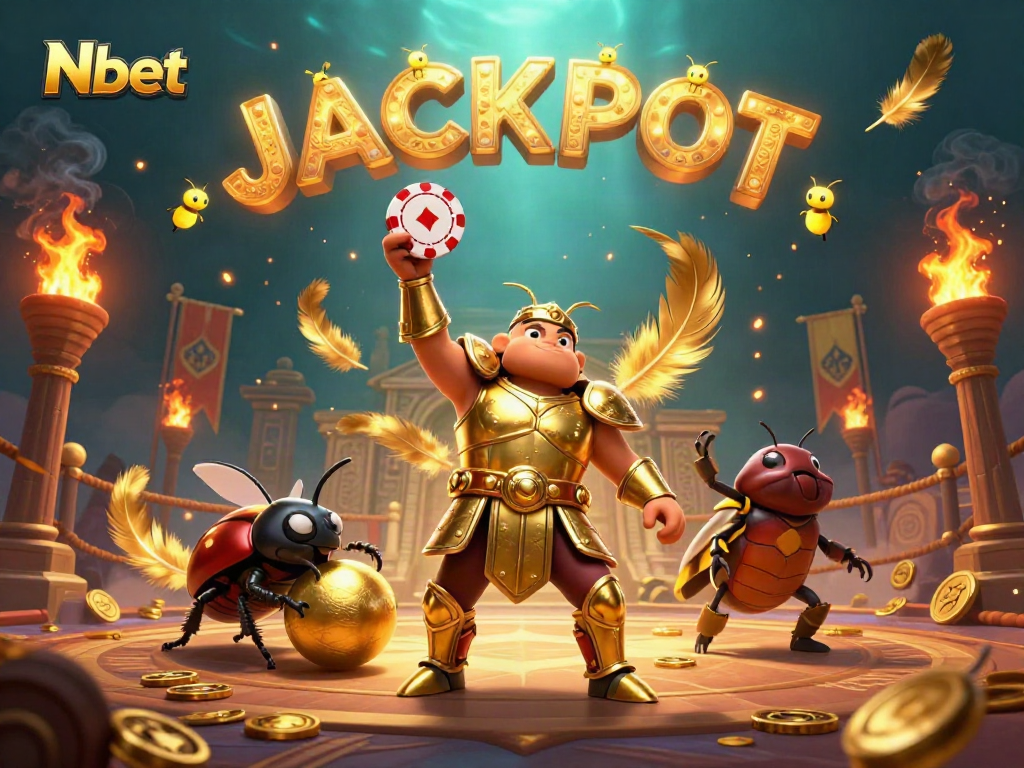 Join Nbet's thrilling gaming scene where a heroic beetle celebrates victory amidst vibrant casino elements.