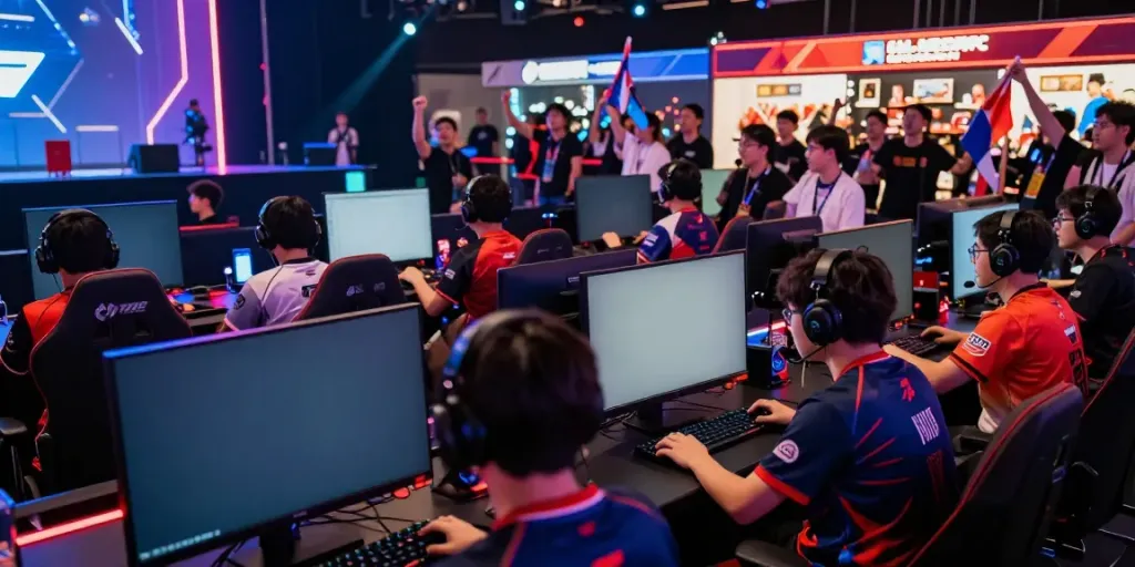 Engaging scene of a gaming tournament with enthusiastic crowd and gamers at rokok88 event.