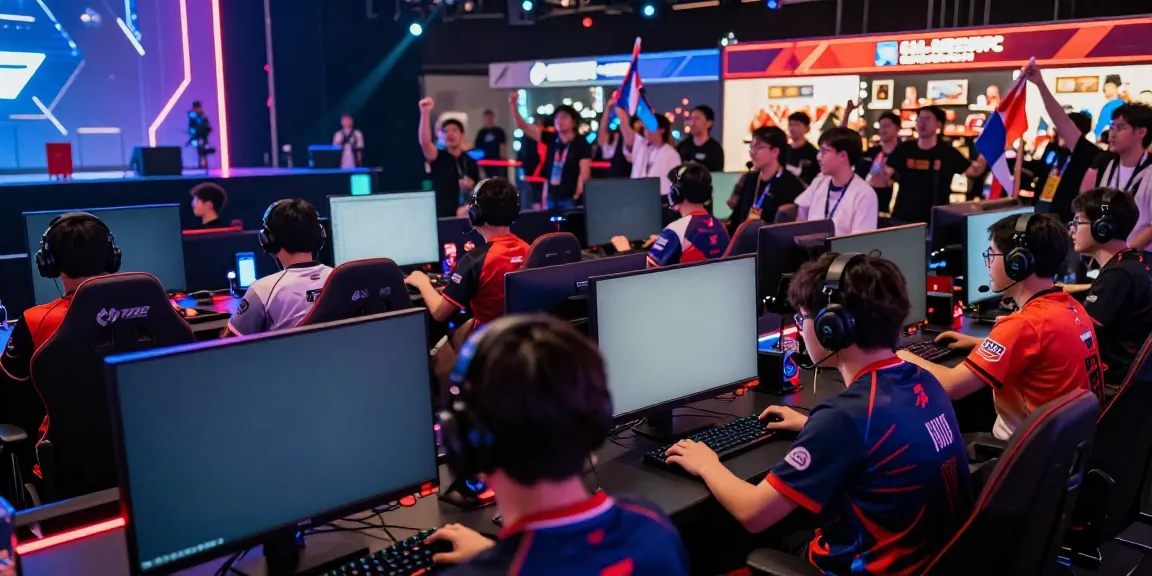 Engaging scene of a gaming tournament with enthusiastic crowd and gamers at rokok88 event.