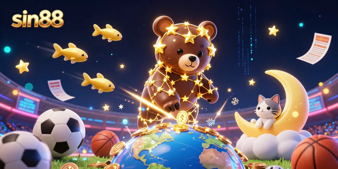 Engage in thrilling sports betting with sin88 while watching a constellation bear scoop coins in a vibrant gaming scene.