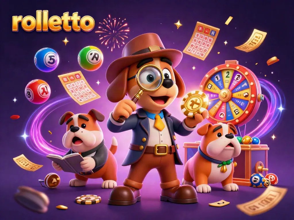 rolletto casino detective finds golden poker chip amid lottery elements and festive confetti