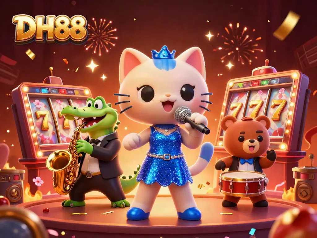 Experience thrilling gaming at DH88 with a lively casino scene featuring a musical cat, crocodile, and bear.