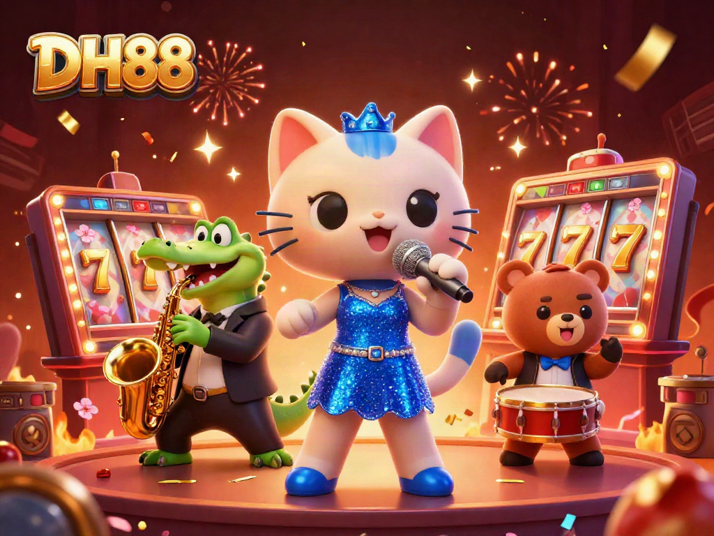 Experience thrilling gaming at DH88 with a lively casino scene featuring a musical cat, crocodile, and bear.