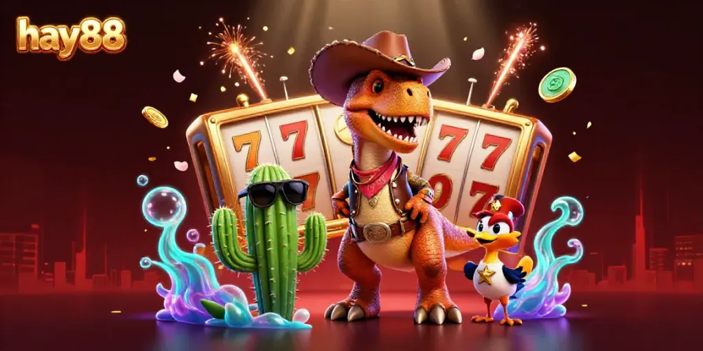 Engage with hay88's vibrant 3D illustration of a cowboy T-Rex, showcasing a thrilling slot gaming atmosphere.