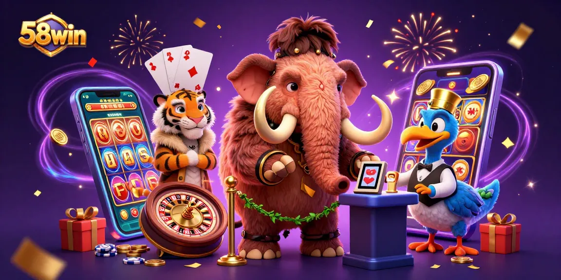 Try your luck with 58win at a vibrant casino scene with animated characters and gaming elements.