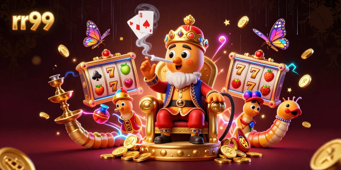 Engage with the colorful rr99 casino experience, featuring a vibrant fantasy scene with slot reels and symbols.