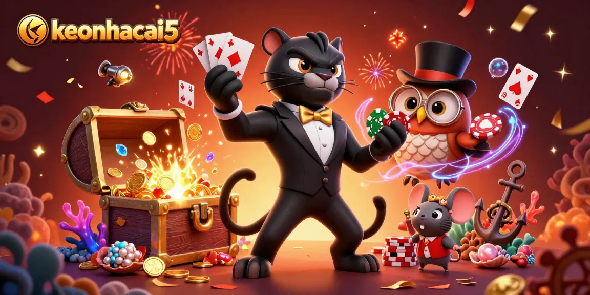Engage with keonhacai5 where a stylish panther deals cards amidst a vibrant casino scene.
