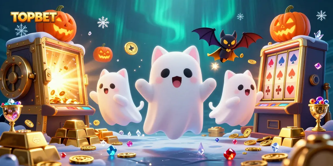 Engage with TOPBET's vibrant casino world featuring a ghost cat, a bat, and glowing poker jack-o-lanterns.