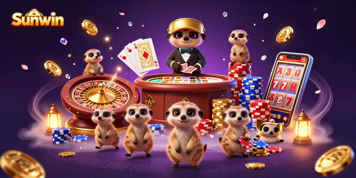 Experience thrilling gaming at Sunwin with animated meerkats in a vibrant casino scene.