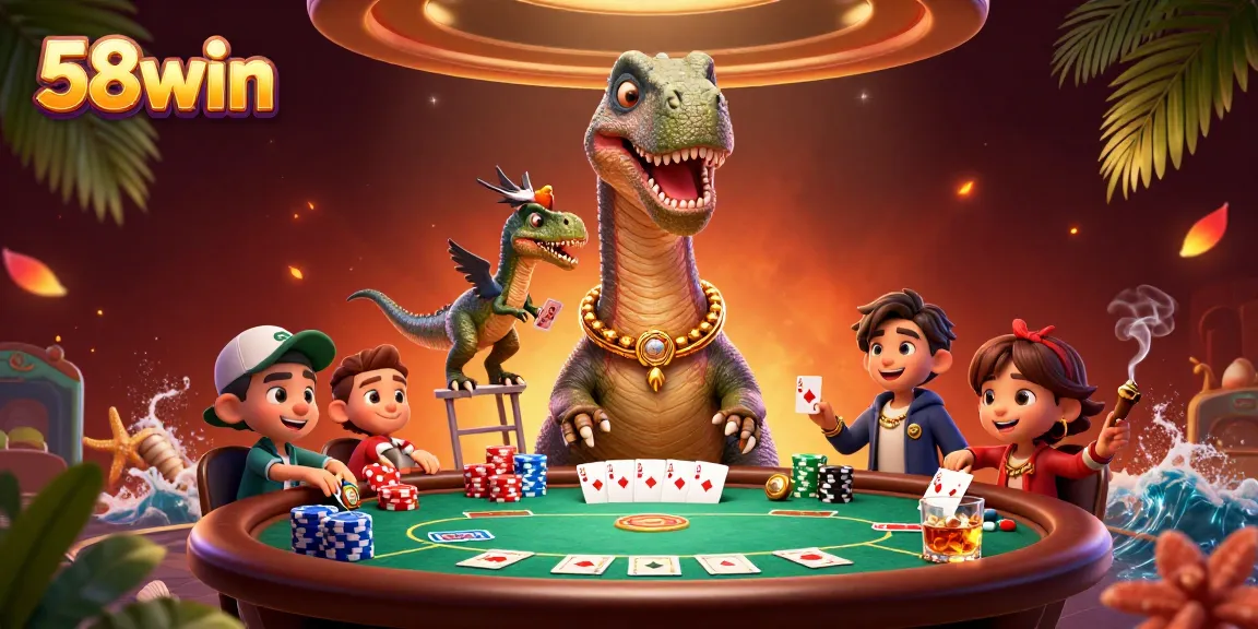 58win offers a vibrant poker scene with a brontosaurus and raptor dealer in a lively casino