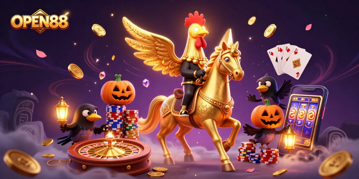 Experience thrilling gameplay at OPEN88 with a golden rooster in an exciting casino scene.
