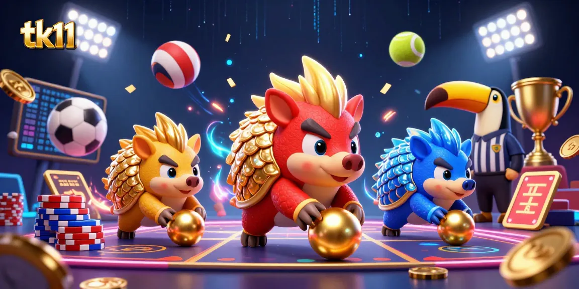 Compete for big wins at tk11 with dynamic gambling action featuring rival pangolins, sports balls, and poker chips.