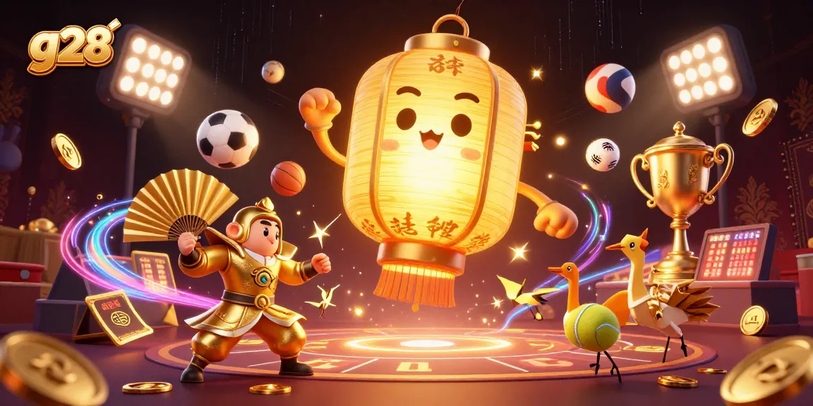 g28 showcases a vibrant casino scene with a golden lantern spirit and dynamic sports betting elements.