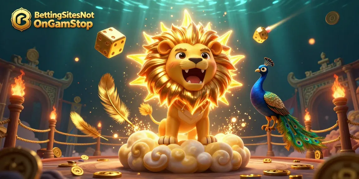 BettingSitesNotOnGamStop showcases thrilling sports betting with golden dice and a roaring sun lion.