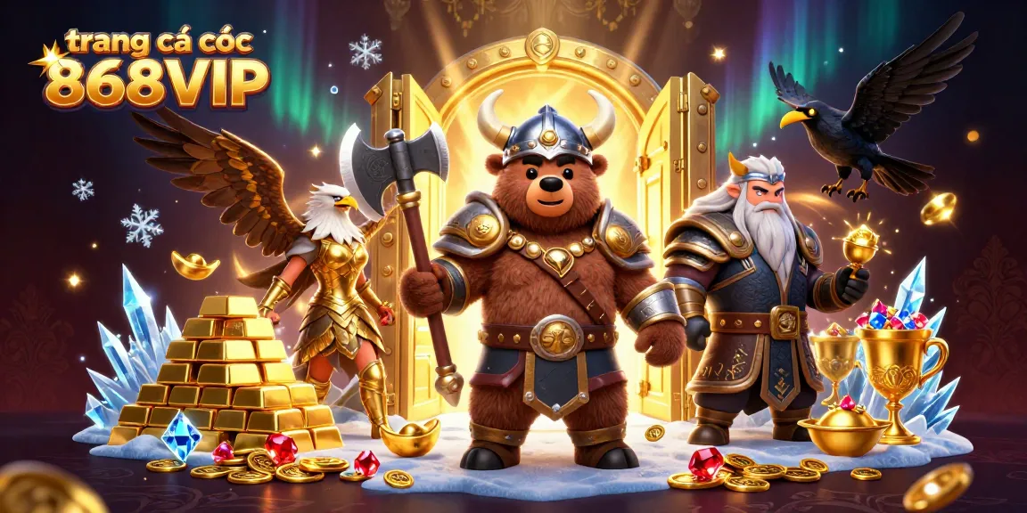 Engage with the thrilling adventure of trang cá cược 868VIP, featuring a Viking bear and Valkyrie amidst treasures.