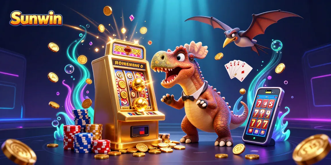 Sunwin Pachycephalosaurus wins jackpot coins at a colorful casino scene, invoking excitement.