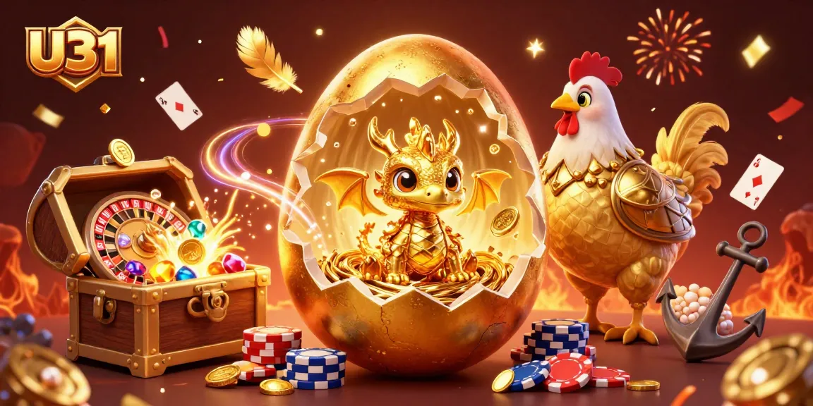 U31 reveals a golden dragon on a nest of poker chips, amidst vibrant casino elements.