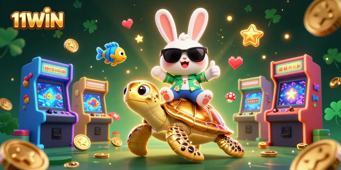 Experience the thrill of 11WIN with a cartoon lucky rabbit and turtle in a vibrant casino setting.