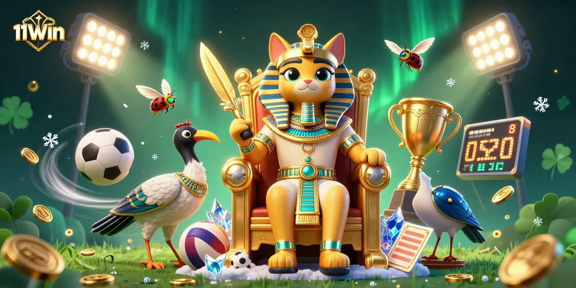 Engage with 11WIN's dynamic gaming atmosphere featuring a pharaoh cat and sports elements.