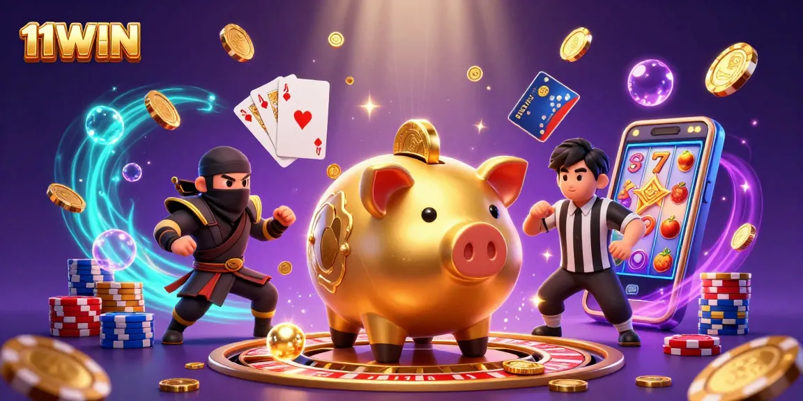 Catch the excitement at 11WIN with vibrant casino elements and animated characters in action.