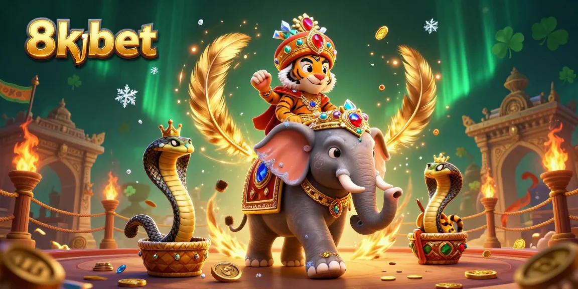 Join the adventure at 8xbet with a maharaja tiger, enchanted elephant, and cobra, celebrating gaming excitement.