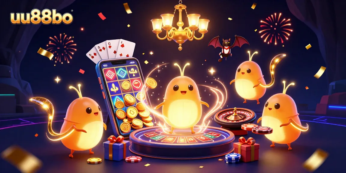 Engage in gaming excitement at uu88bo with glowworms illuminating a vibrant casino scene.