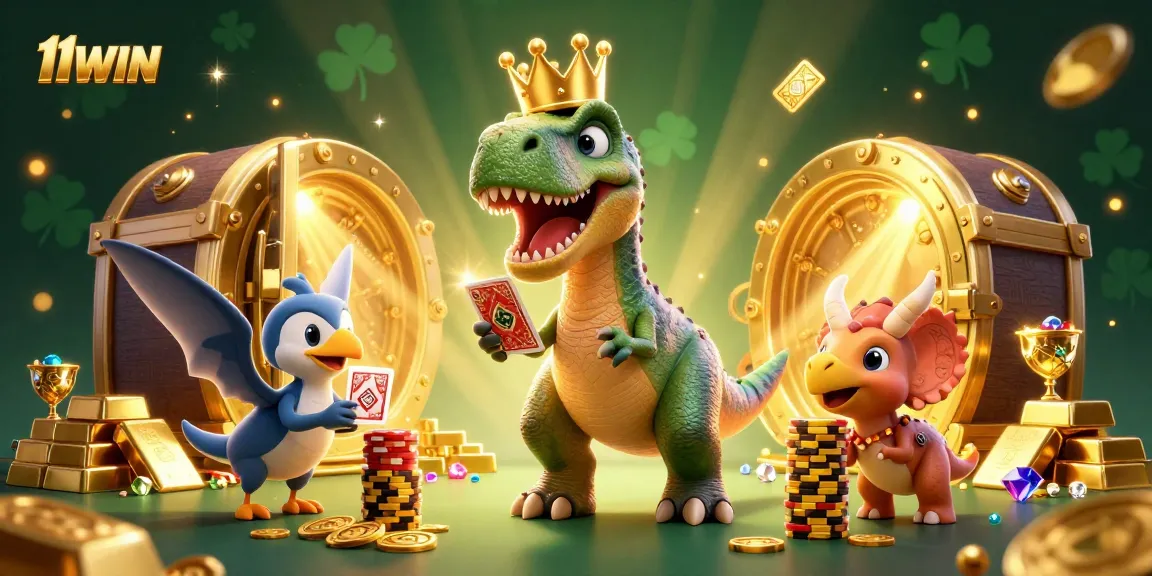 Join the fun with 11WIN at a vibrant casino scene featuring cartoon dinosaurs and golden treasures.
