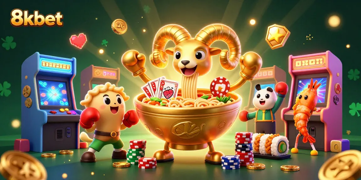 Engage with 8xbet's vibrant casino scene featuring a golden ramen bowl and game elements.