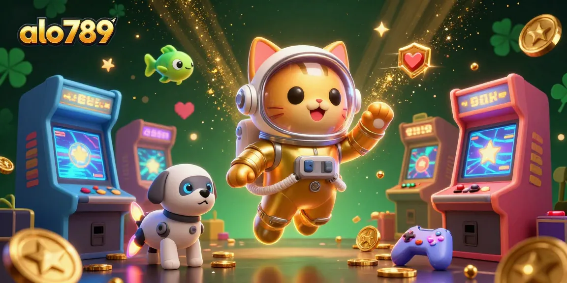 Join the fun at alo789 with a thrilling space gaming scene featuring colorful arcade machines and vibrant characters.