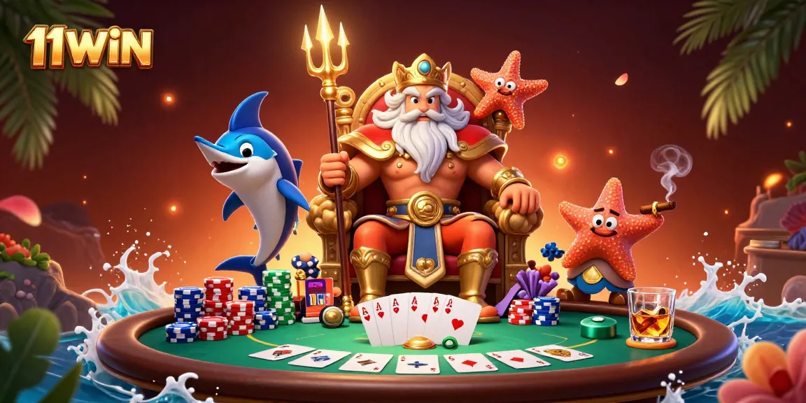 Engage in thrilling poker action at 11WIN with Neptune and companions amidst vibrant gaming elements.