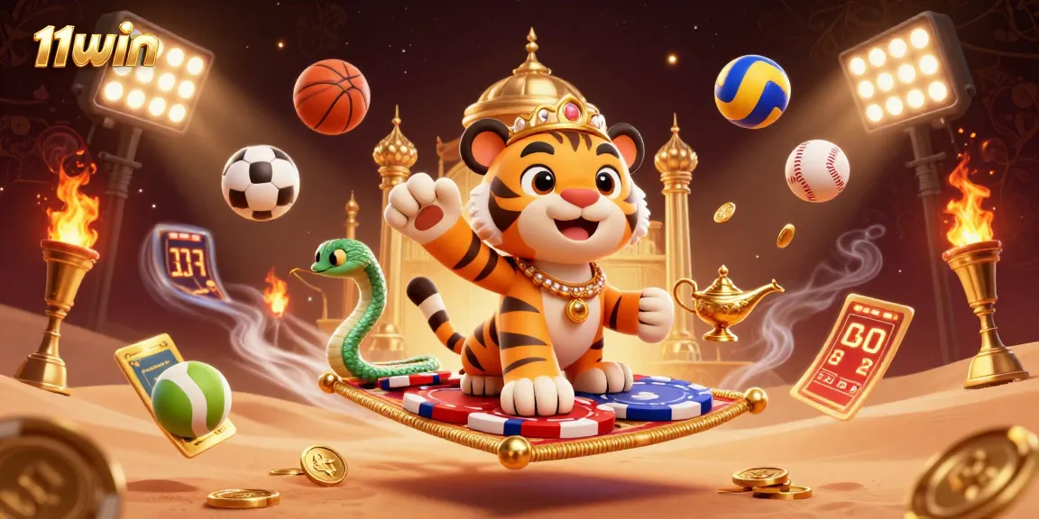 Win big with 11WIN as the tiger sultan and magical companions gamble over golden treasures.