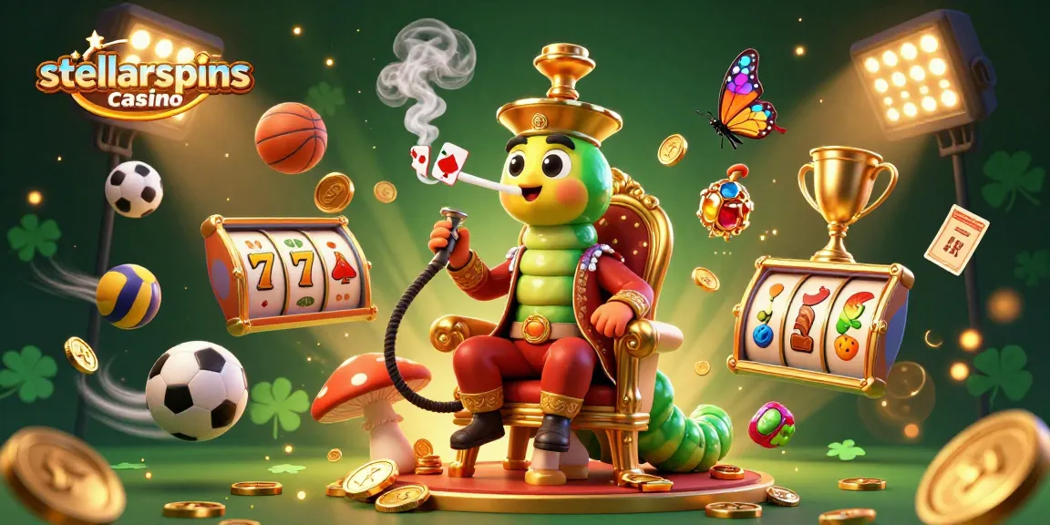 Experience the magical world of stellarspins casino with an intricate scene featuring a caterpillar dealer and vibrant gaming elements.
