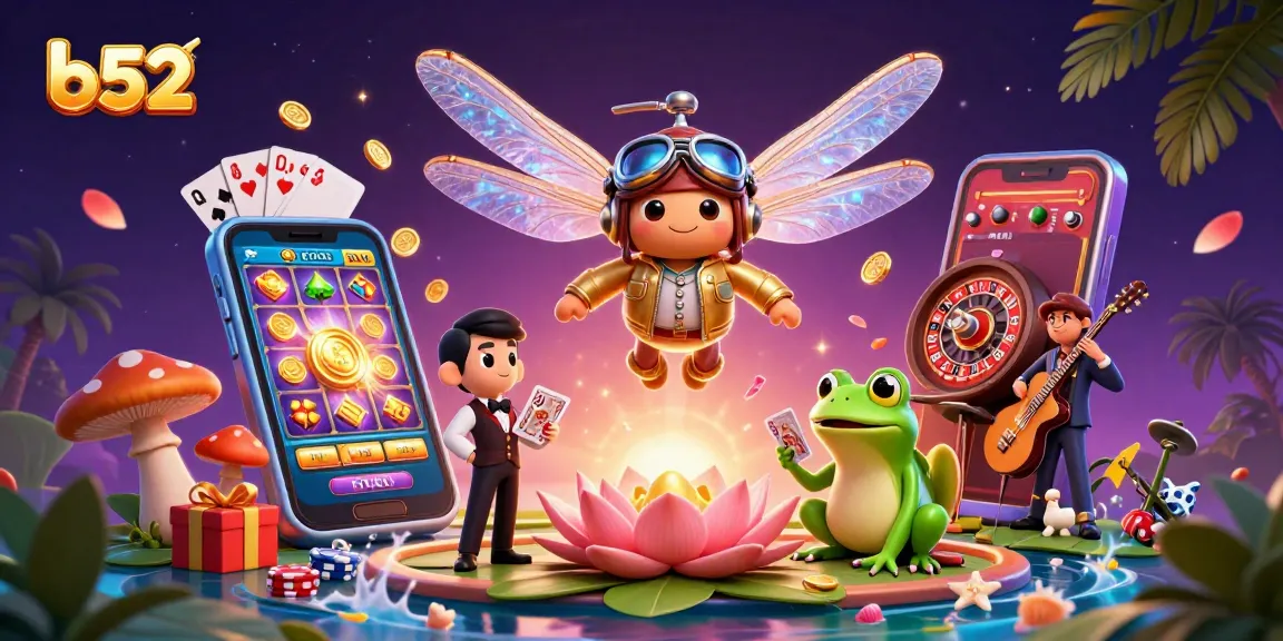 B52 players enjoy a vibrant casino scene with a frog croupier dealing cards and dynamic slot games.