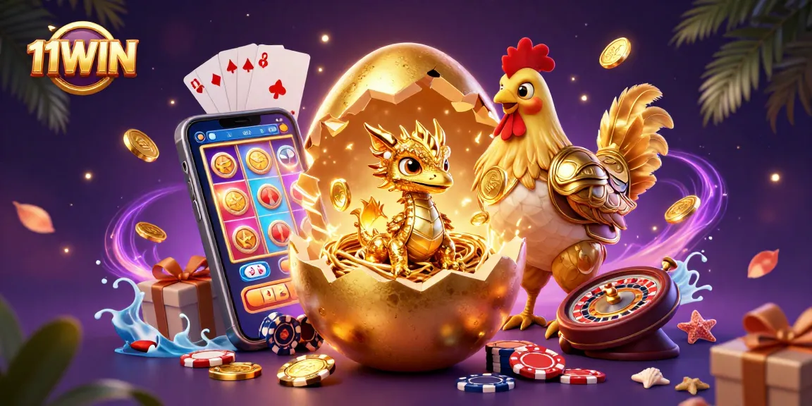 11WIN features a golden egg cracking open revealing treasures inside surrounded by casino elements.