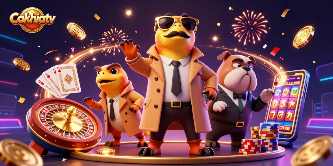 Cakhiatv presents three raptors in a trench coat attempting to sneak into a VIP lounge while flying coins and sparkling gems surround them in this dynamic casino scene.