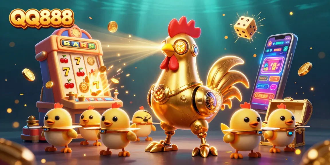 Experience the excitement of QQ888 with a dazzling casino scene featuring vibrant characters and dynamic game elements.