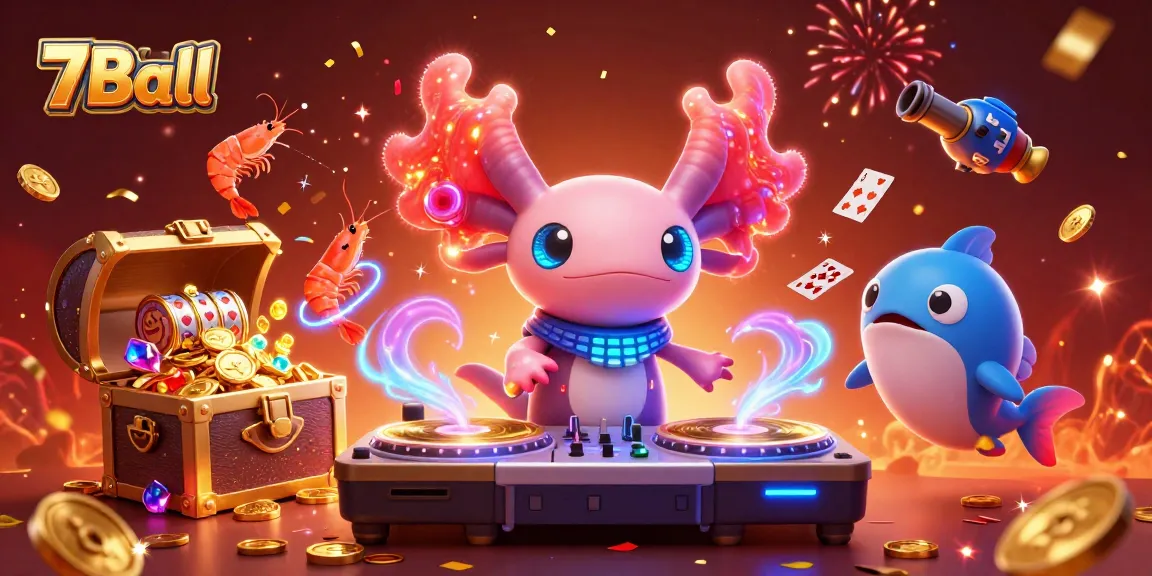 7Ball showcases a vibrant underwater casino scene with a neon axolotl DJ, colorful gems, and slot reels.