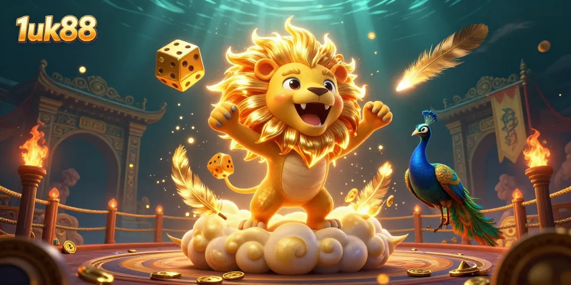 Experience thrilling wins with 1uk88 as golden dice and a roaring lion celebrate success in this dynamic casino scene