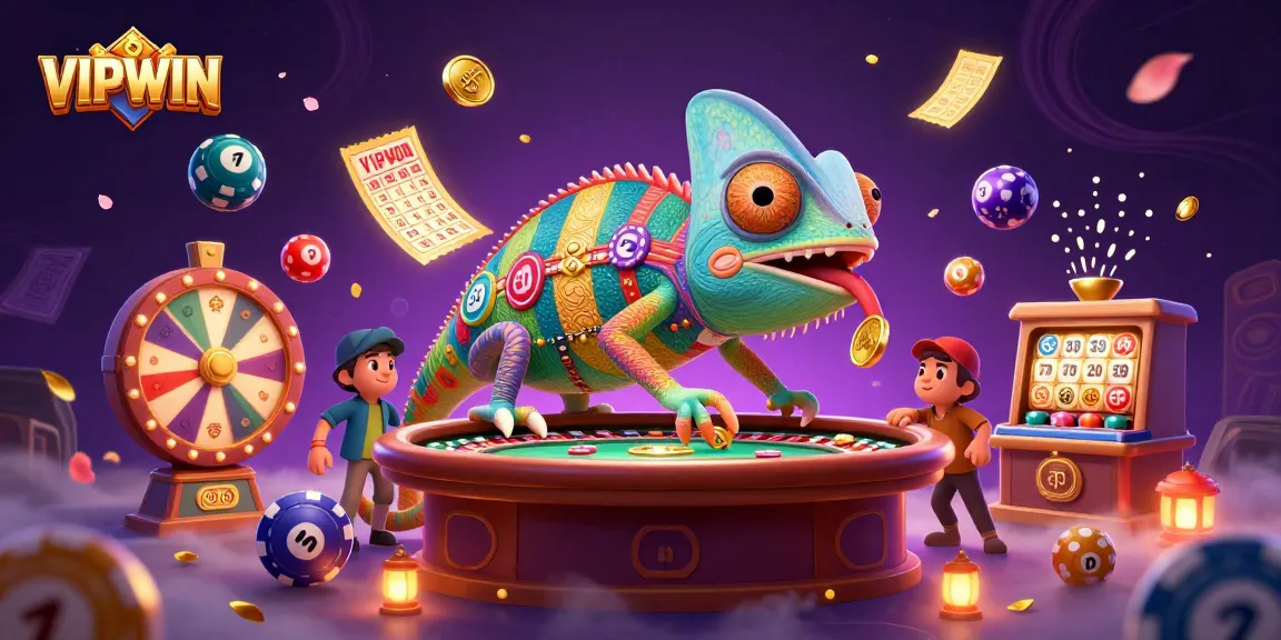 VIPWIN's vibrant casino scene showcases a colorful chameleon owner surrounded by dynamic lottery elements.